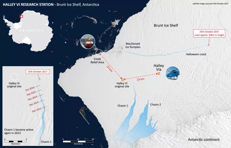 Graphic showing changes to the Brunt Ice Shelf and the location of Halley VI Research Station