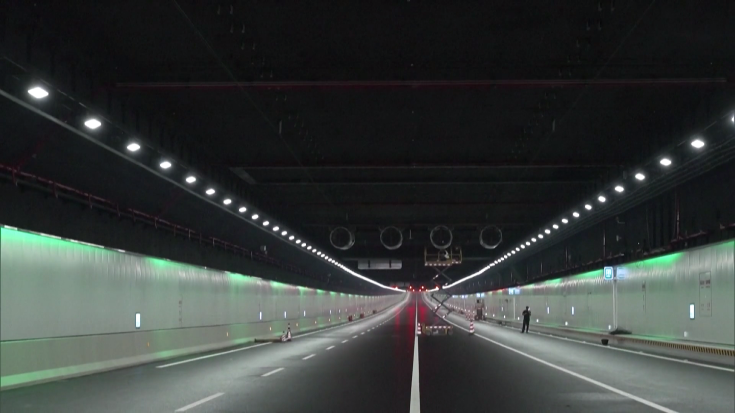 An underwater tunnel, part of China's new Shenzhen-Zhongshan Link, features colored lights along the walls that can indicate traffic conditions or guide people out during emergencies