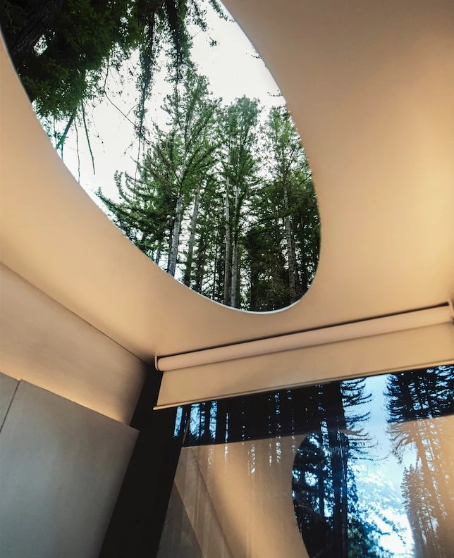 The skylight offers a view of tree canopies or stars while letting in sun or moonlight
