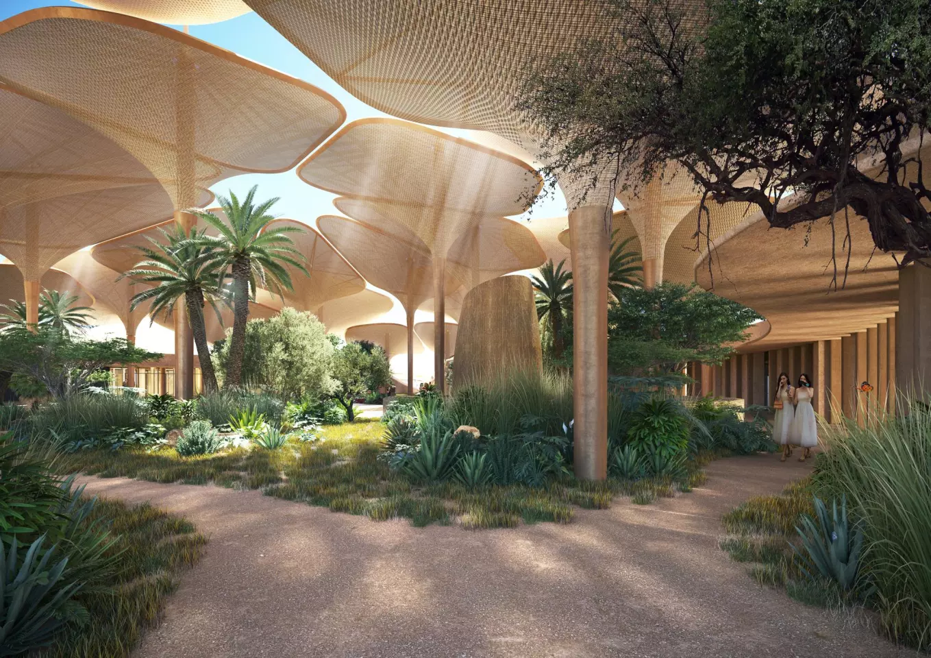 Southern Dunes will include large mushroom-like wooden structures that offer shading from the searing desert Sun