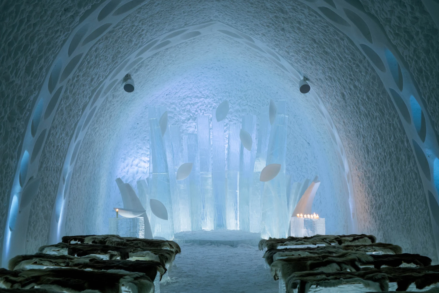 The 33rd Icehotel's central ceremony hall was created by designer Wouter Biegelaar and architect Viktor Tsarsk. It will be used for wedding ceremonies