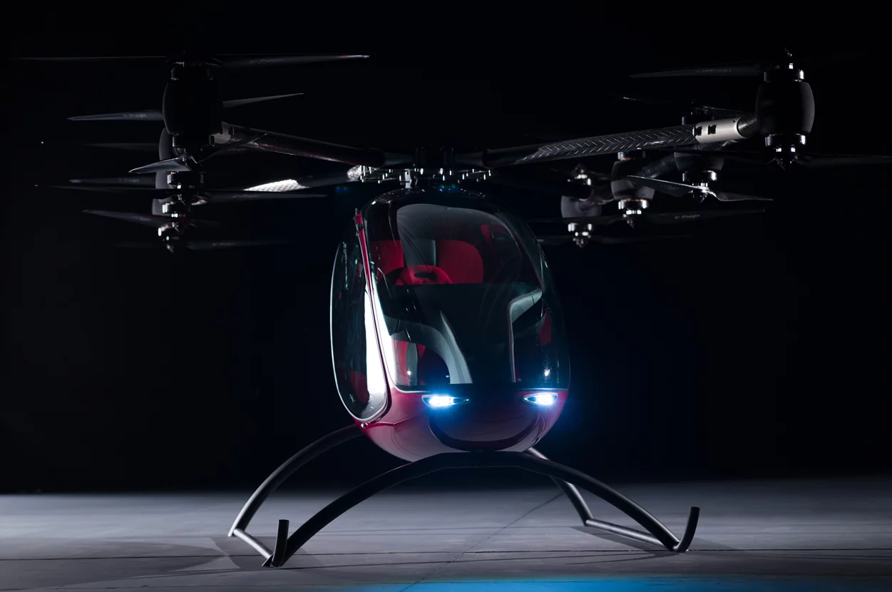 The Passenger Drone is built from carbon fiber composites and features a total of 16 rotors