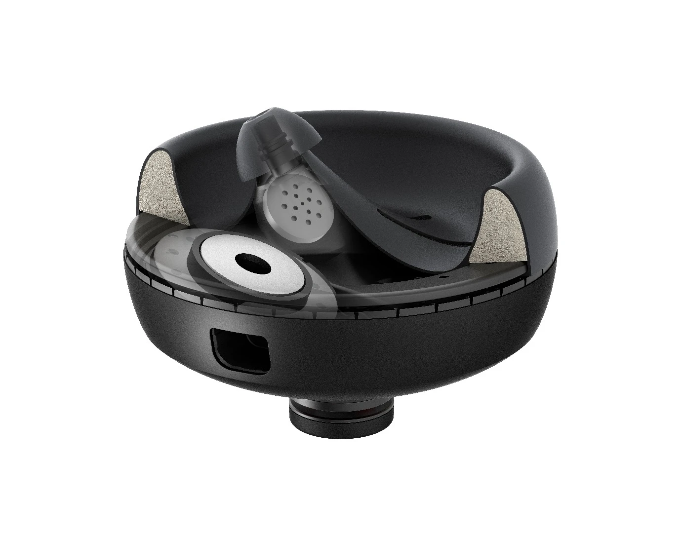 The dual-driver design of the nura headphones splits the incoming signal, sending the lower end to the over ear tactile driver that "delivers the sound through your skin" and routing the mid to high frequencies through the in-ear speaker