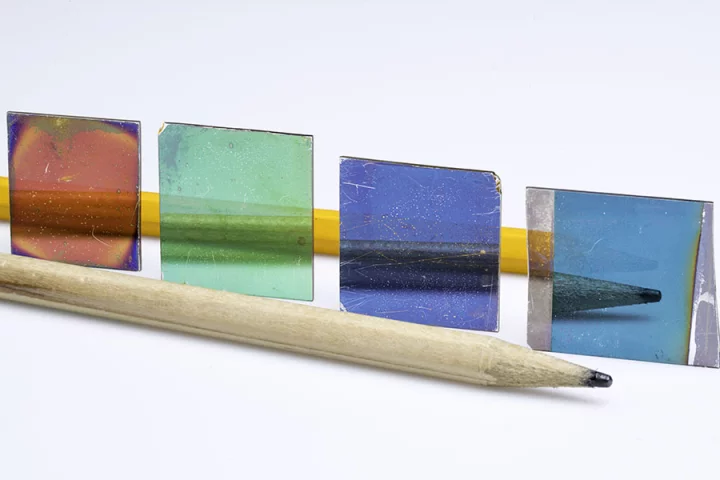 Samples of the new Fano resonance optical coatings (FROCs), which can both reflect and transmit light of the same color