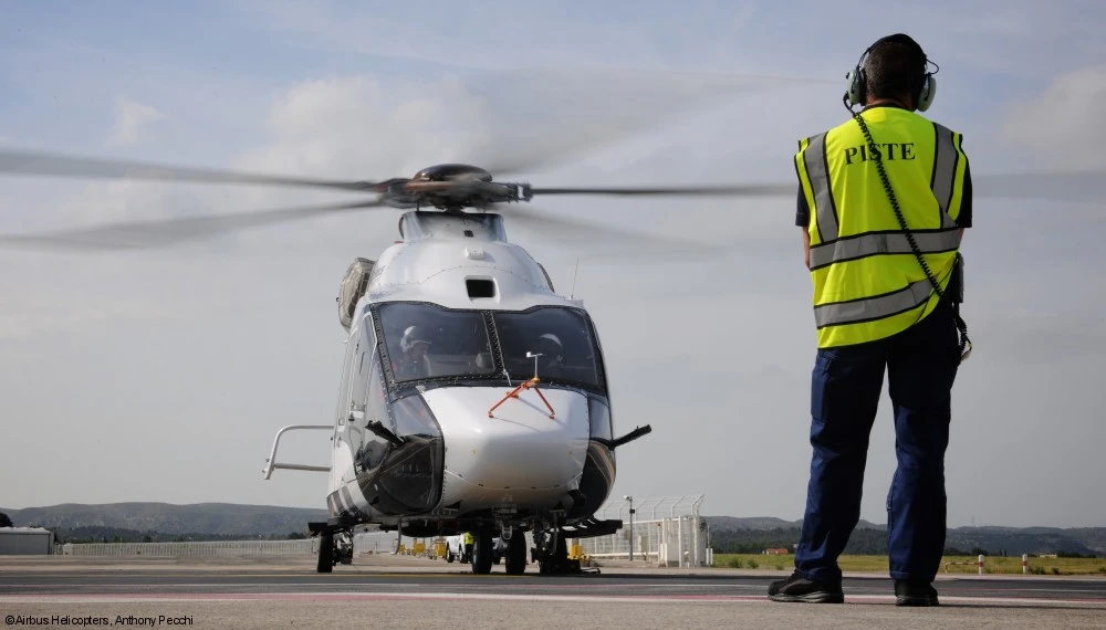 The Airbus H160 being taken on its first flight, at Le Bourget Airport outside of Paris