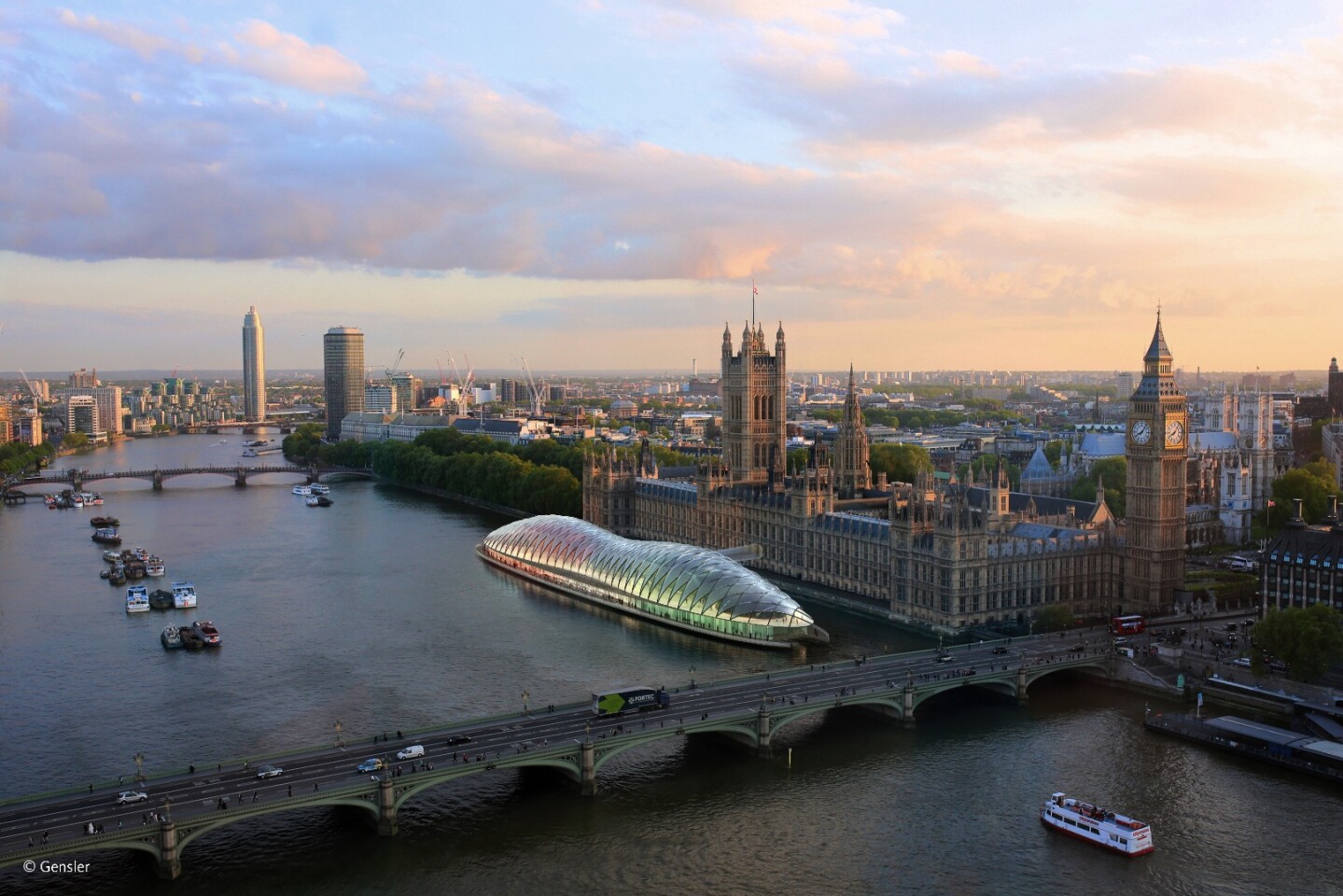 According to Gensler, its striking glazed design draws inspiration from the magnificent hammer-beam timber roof of Westminster Hall