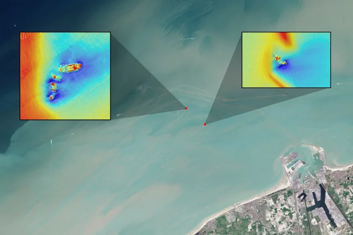 The researchers determined that it's possible to use Landsat data to make shipwreck detections (echosounder data, which was also used for the study, can be seen in the inset images)