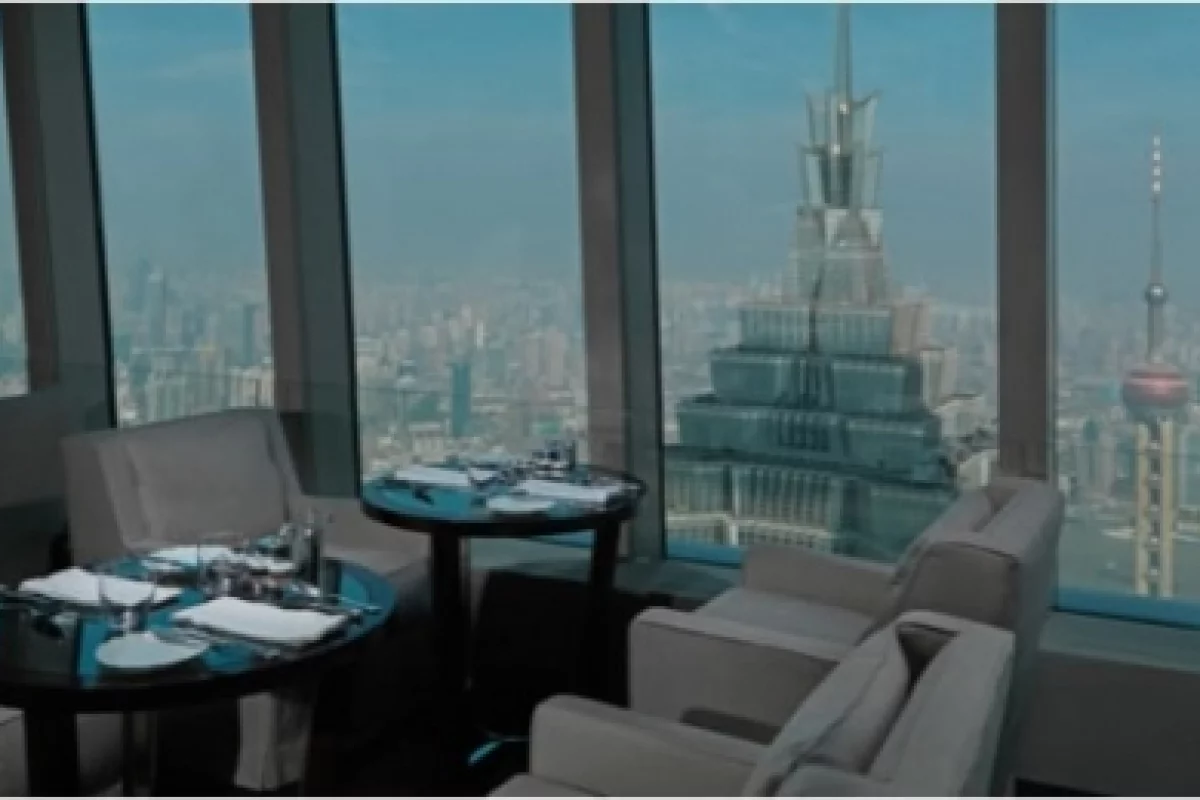 Looking down on the massive Jin Mao tower from the world's tallest hotel - the Park Hyatt Shanghai