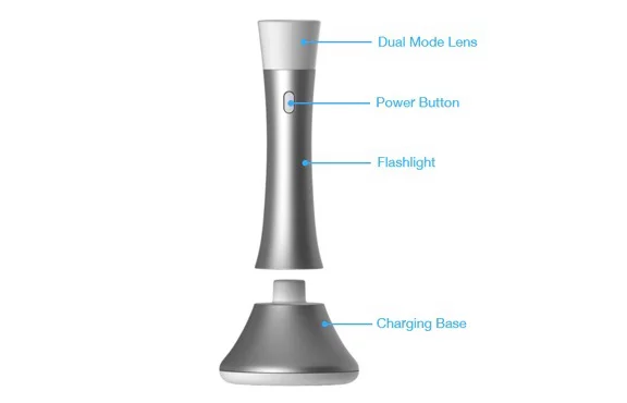 The Trioh! comprises the flashlight itself and an intelligent mains-powered charging base
