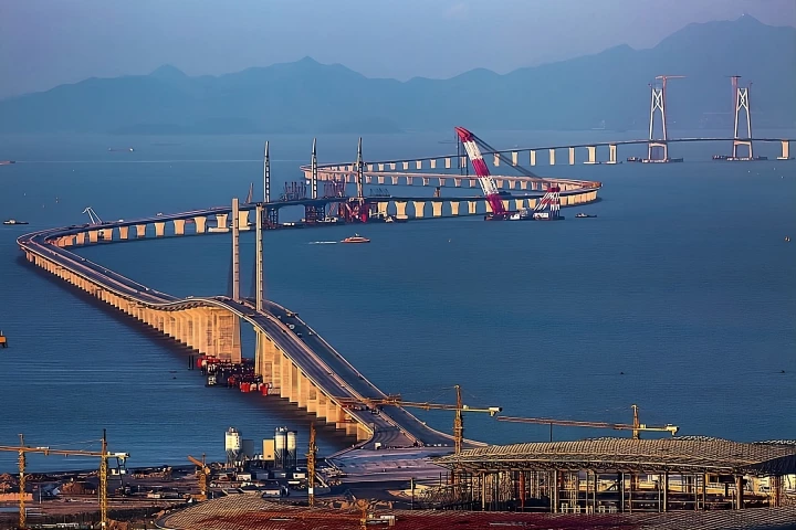 One of the artificial islands of the Hong Kong-Zhuhai-Macao Bridge during construction, which was completed in 2018