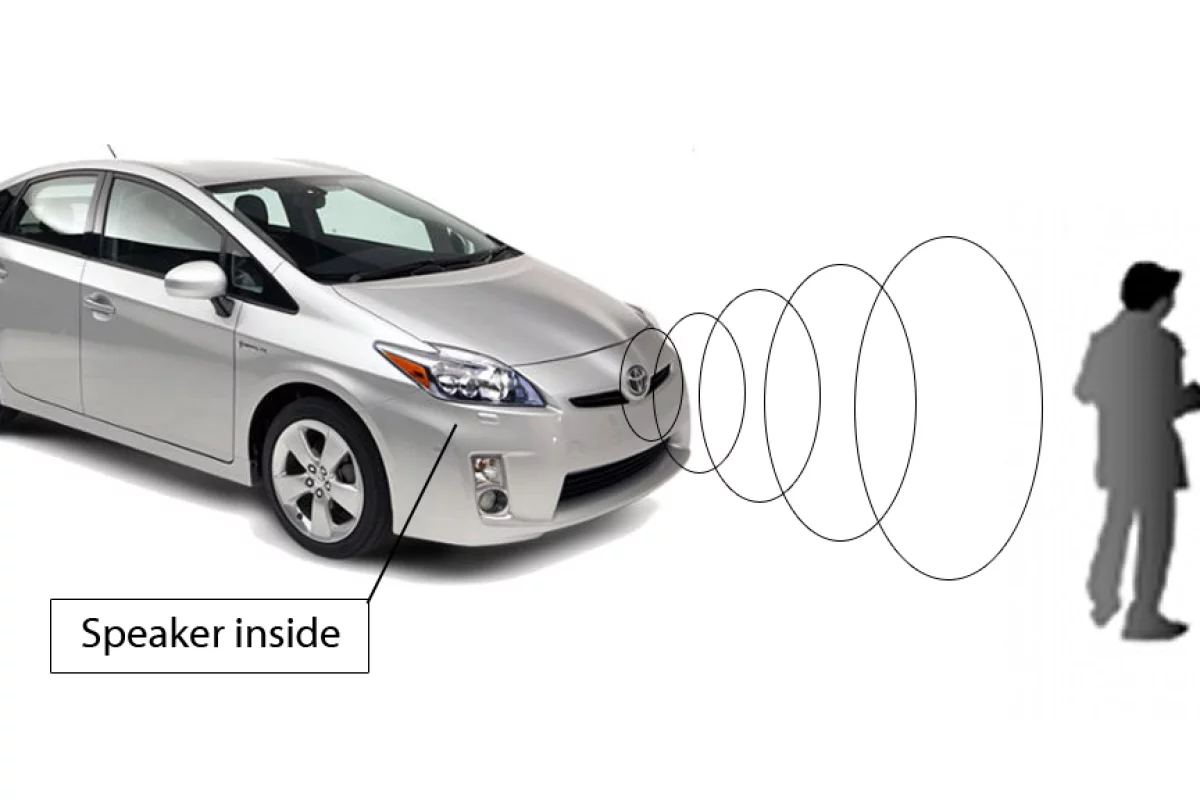 Toyota's onboard audio alert system warns pedestrians of an oncoming vehicle