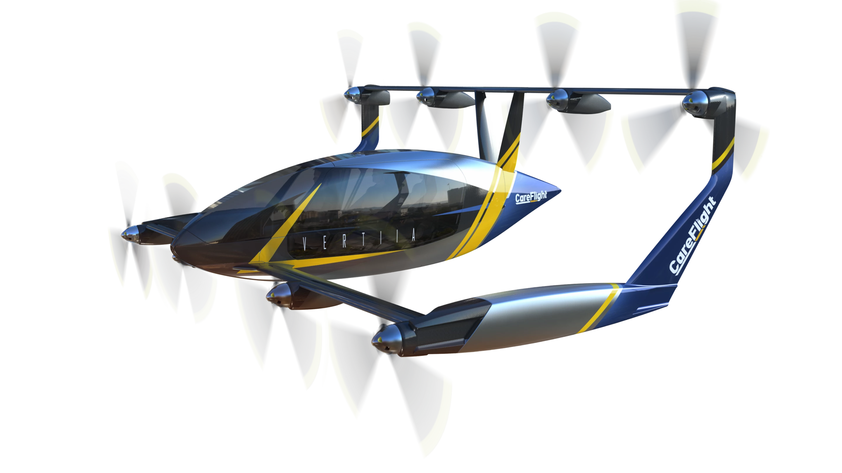 Not visible in this render are the small wings attached to the back of the props that will provide lift in horizontal flight