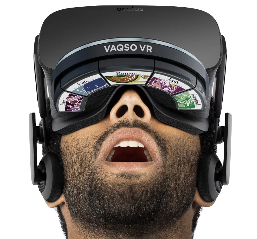 The main Vaqso device is attached to the user's head via an adjustable velcro strap, and it communicates with their VR headset