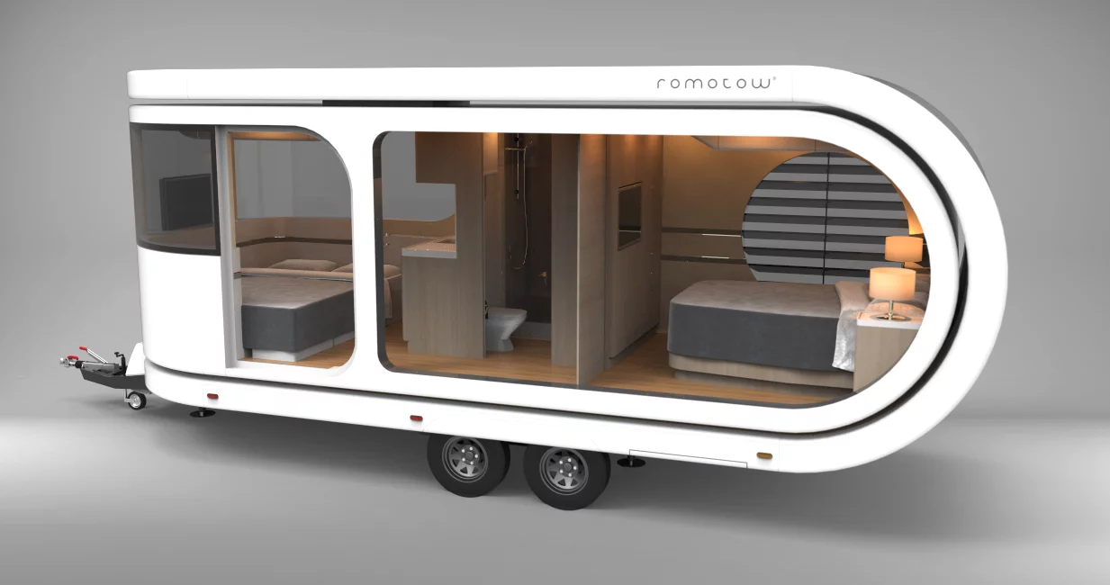 The front dinette doubles as a two-person bed, combining with the rear queen for four sleeping berths