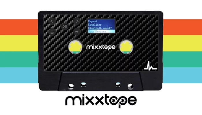 The Mixxtape is a digital music player shaped like a cassette, which can play through a headphone jack, Bluetooth or an old-school tape deck