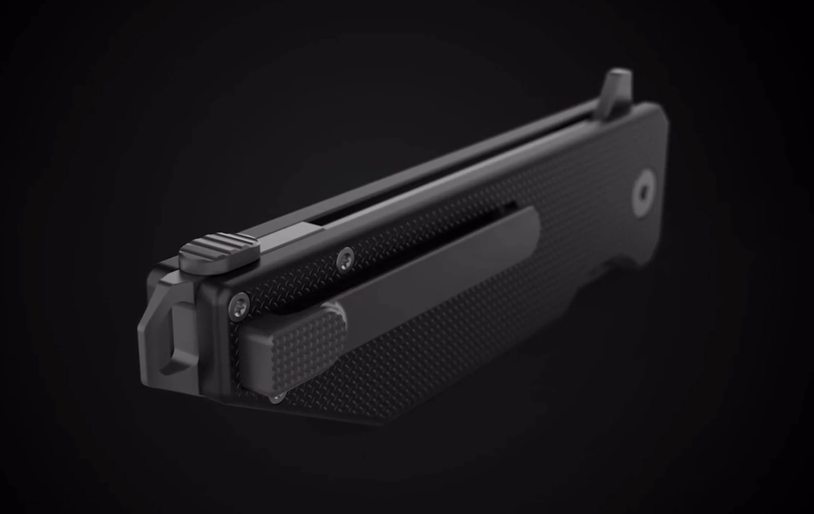 With a slide of the button at the top in the rendering, the pocket clip emerges or gets pushed down flush with the handle
