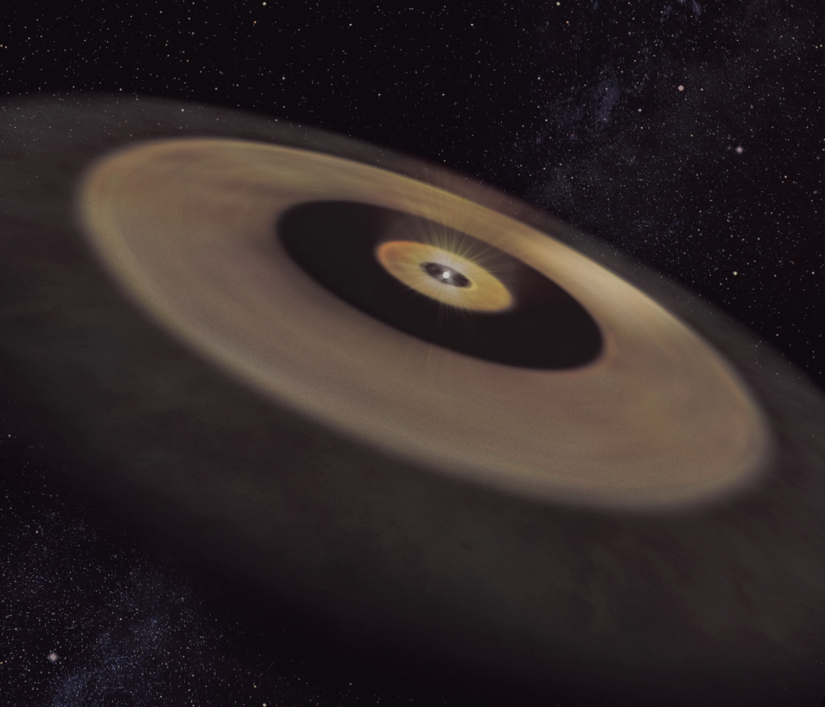 An artist's impression of the two dust disks surrounding the nearby young star DM Tau, which could give birth to a planetary system like our own