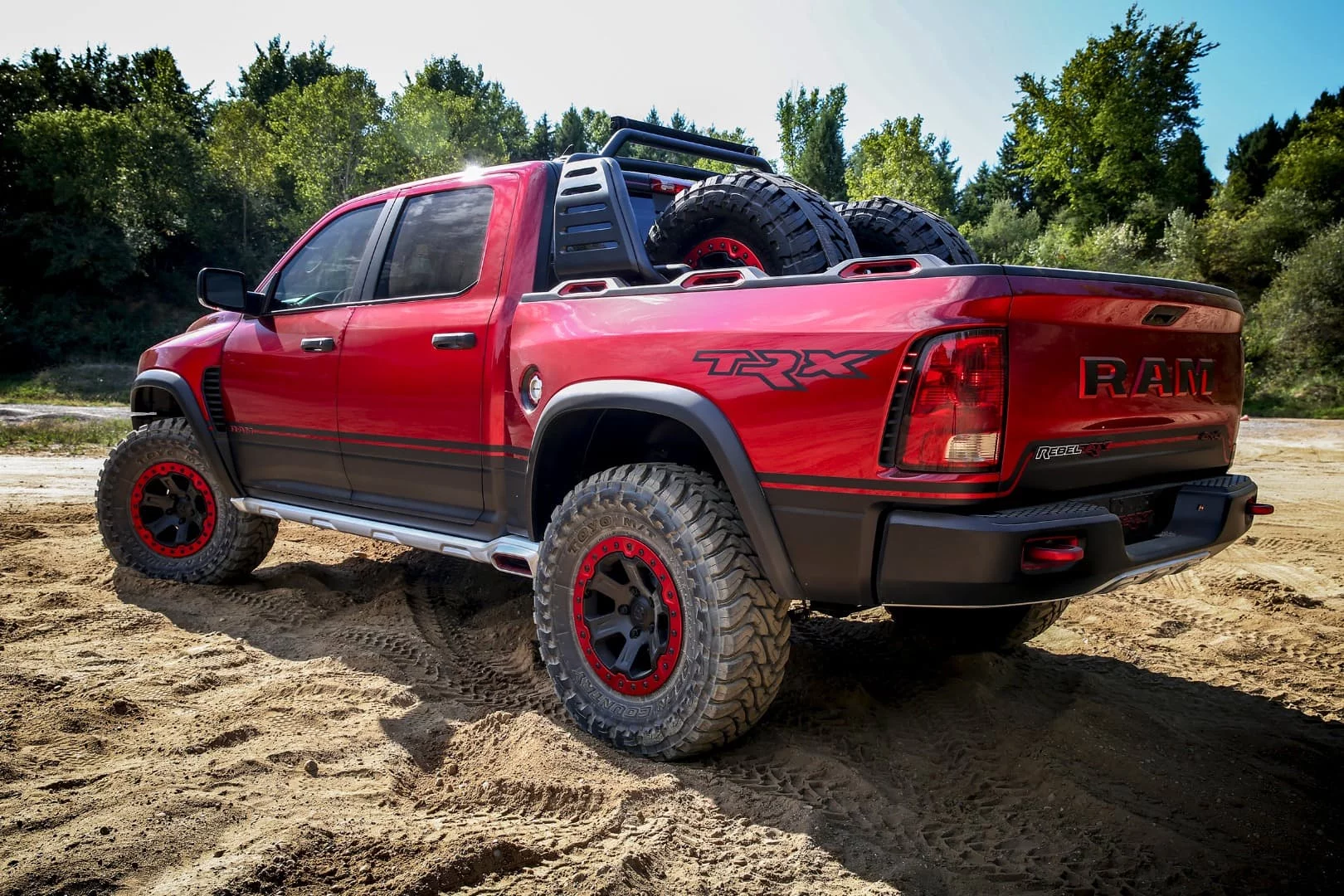 Beadlock whees and chunky tires improve the Rebel TRX off-road