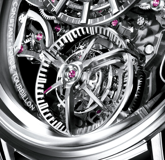 The Kodo Constant-force Tourbillon combines a tourbillon and a constant-force mechanism in a single unit