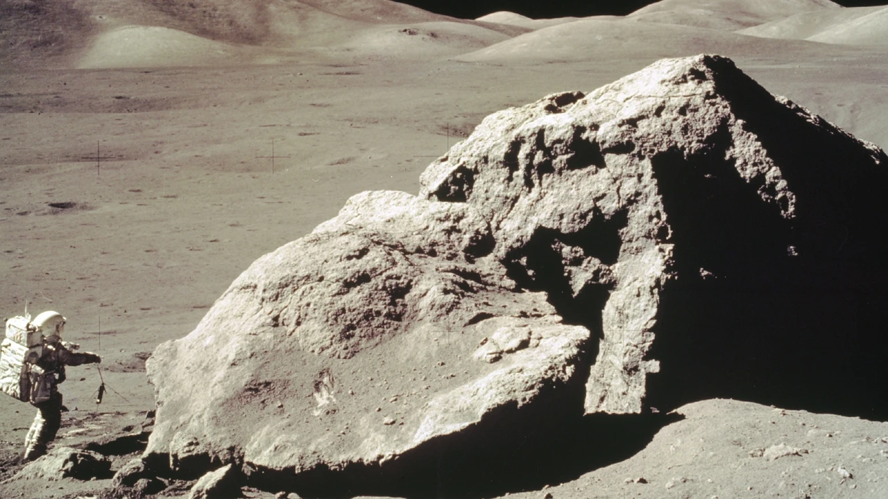 Astronaut Harrison Schmitt collects rock samples during the Apollo 17 mission