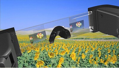 Projected light is balanced against the intensity of light from the outside world so that the wearer can see his or her surroundings and images from the LCD panel in the same field of vision