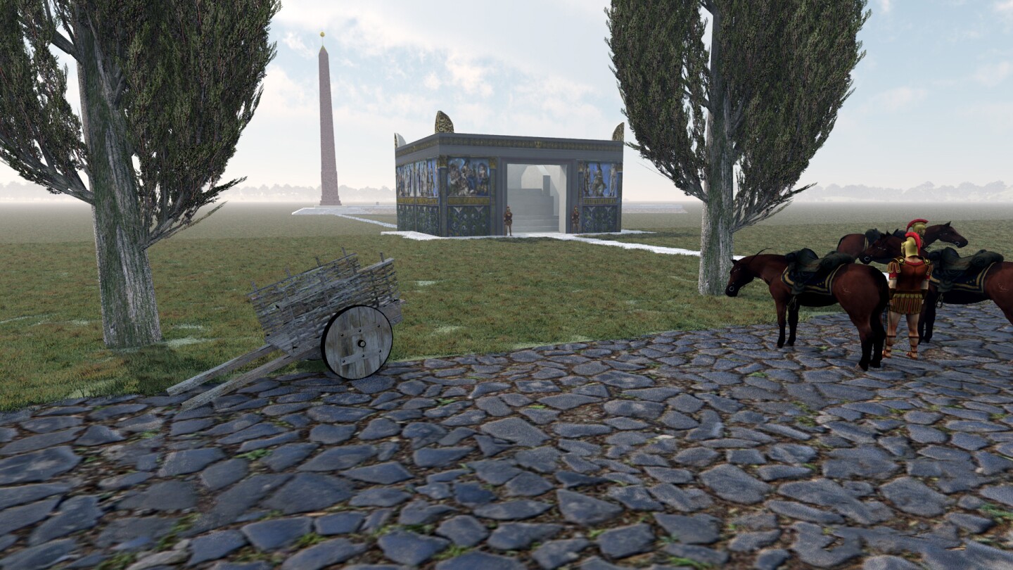 Virtual view of Augustus' Altar of Peace and the Obelisk of Montecitorio (background) as seen from the Via Flaminia, the ancient road from Rome to the Adriatic Sea(Image: IU Bloomington)