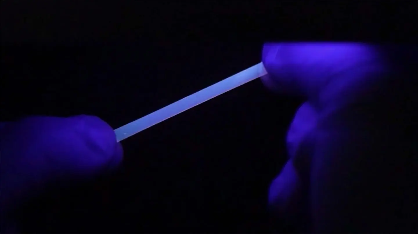 The polymer fluoresces under ultraviolet light, when stretched