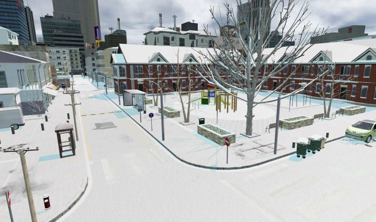 The city simulation spans four seasons and includes rain and snow