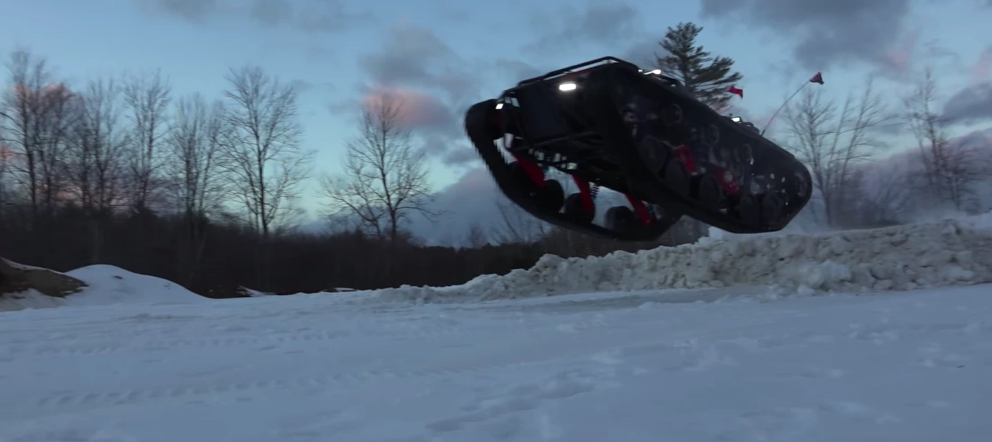 7,700 pounds of Ripsaw EV3-F1 flying through the air. Not recommended on frozen lake beds.