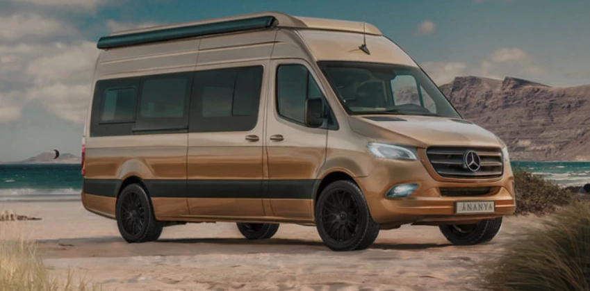 An initial look at the 697-cm Sprinter-based Ananya exterior with a compelling dual-tone paint job