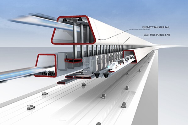 At the core of the transport network is a high-speed rail track on the top level with hubs or interchange points that switch passengers and cargo between local and national routes (Image: Höweler+Yoon Architecture)