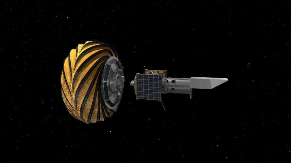 Artist's impression of the folded Starshade and space telescope separating (Image: NASA)