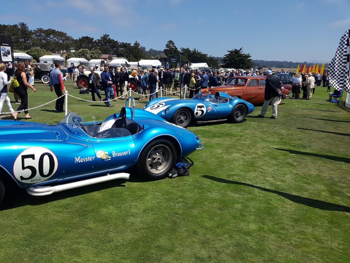1958 Scarab race cars & Tuckers line Pebble Beach's fairway at this year's Concours d’Elegance