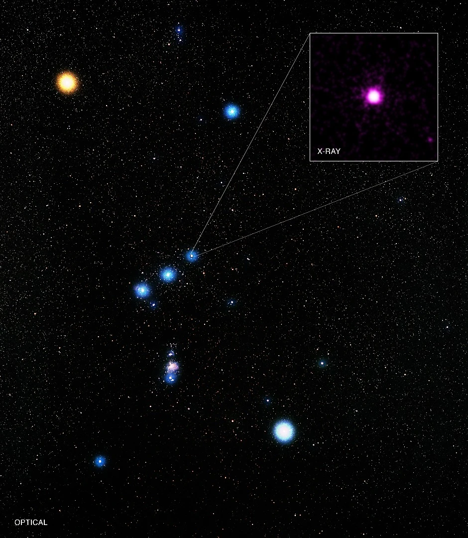 Image of the constellation Orion, with Delta Ori A highlighted in the insert