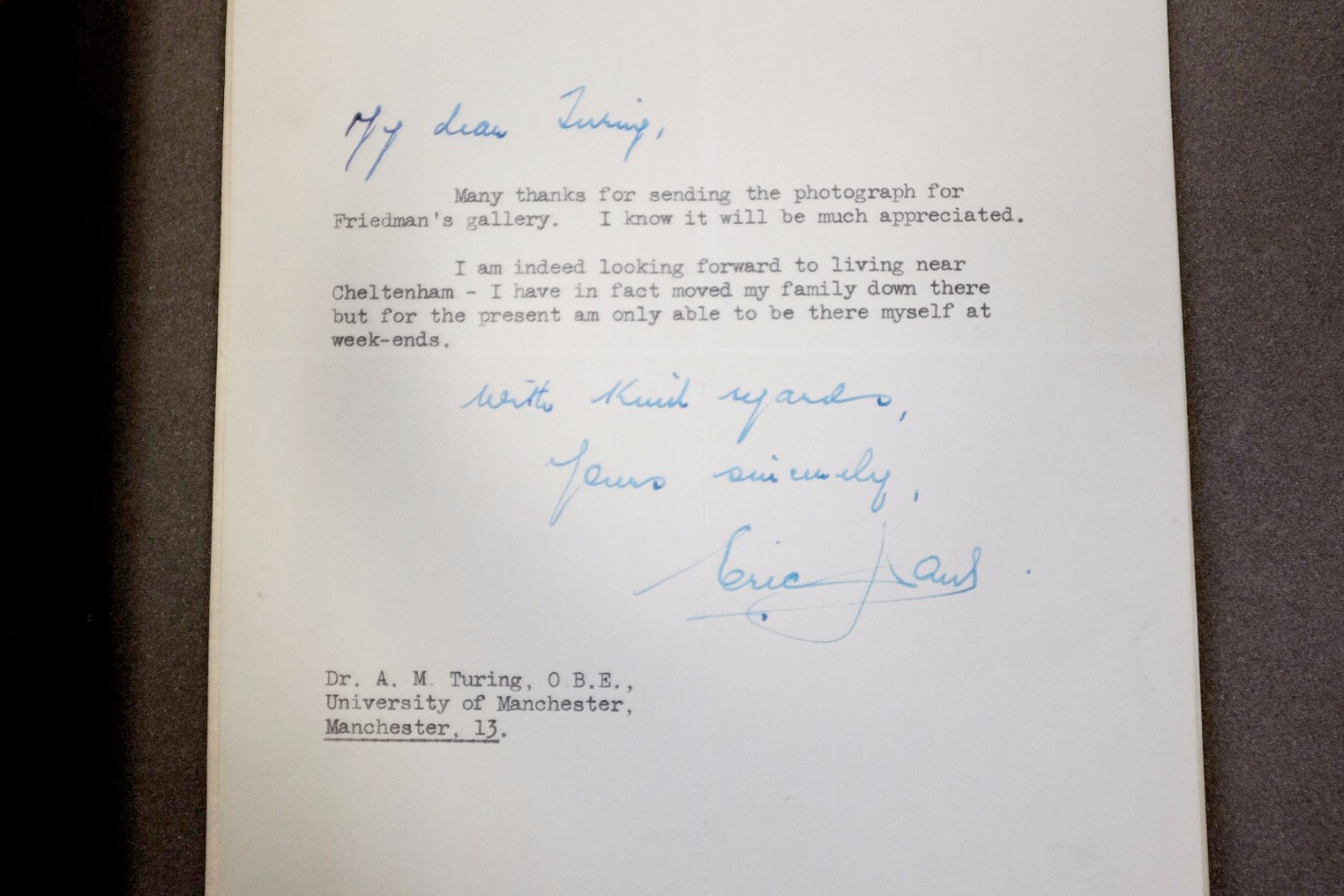 A letter sent to Alan Turing