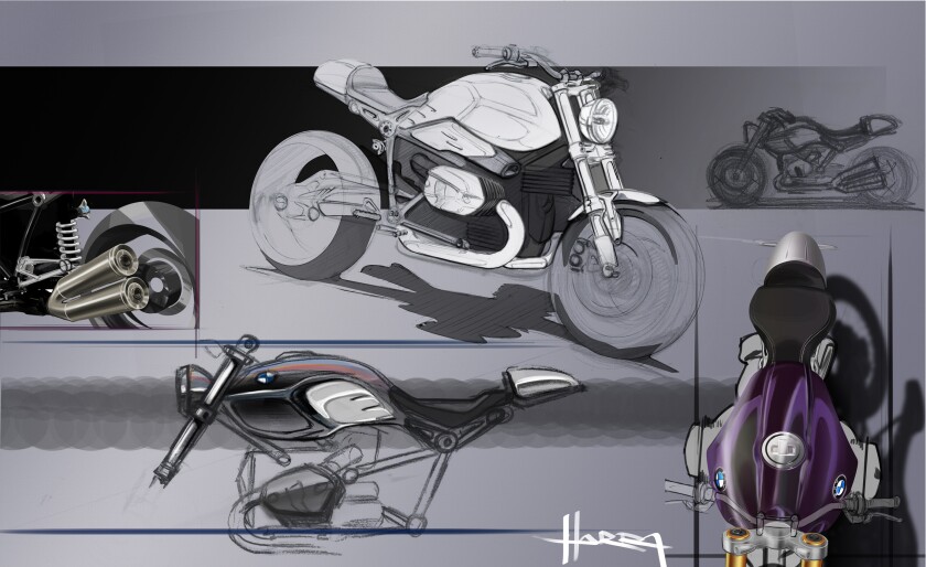 Design sketches from BMW Motorrad's design process which led to the R NineT production model