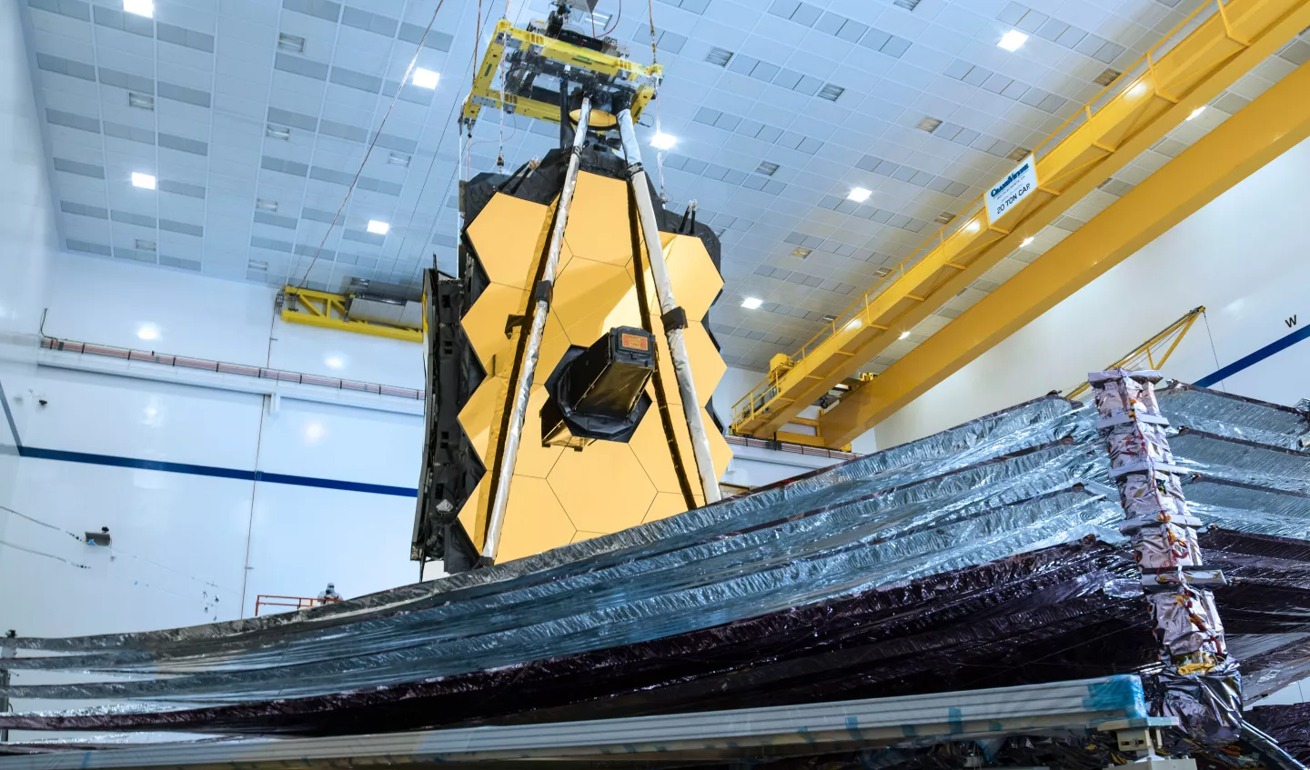 The James Webb Space Telescope pictured in a clean room at Northrop Grumman's facility in Redondo Beach, California