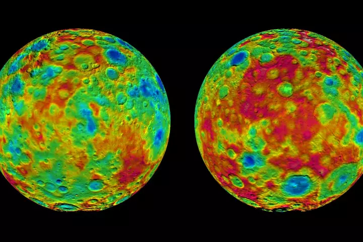 Color-coded topographic maps of Ceres East and West hemispheres