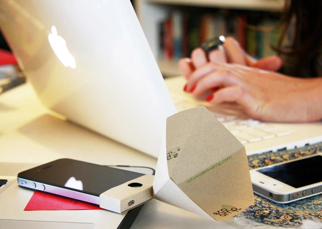 eco-made state that the eco-amp amplifies the iPhone output by approximately 30 dB