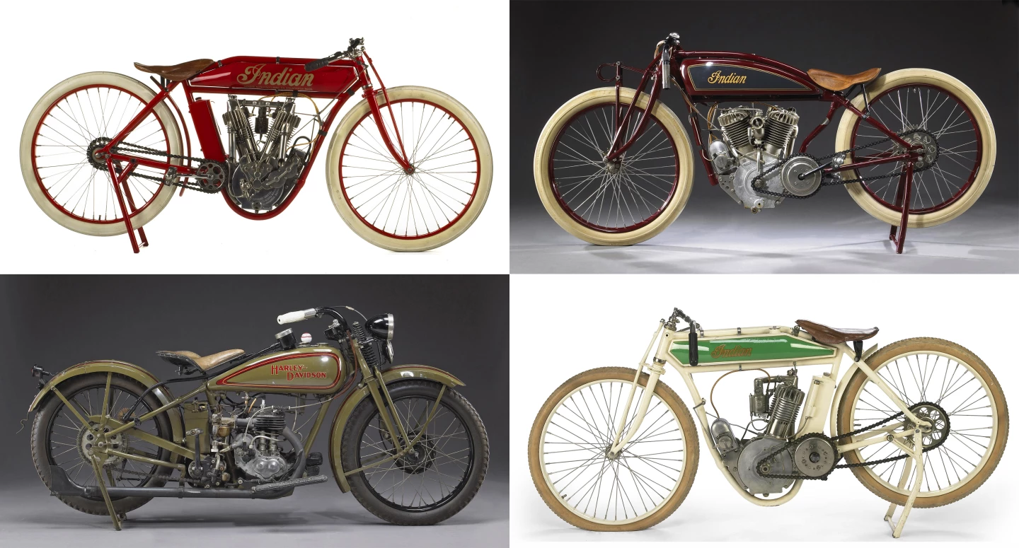 Several of Stephen Wright's restorations have crossed the auction block in recent times: From top left clockwise, a 1912 Indian V-Twin Board-Track Racer which sold for $61,500,a 1920 Indian Powerplus "Daytona" Racing Motorcycle which sold for US$150,000, a 1929 Harley-Davidson Model B which sold for US$ 37,440, and a 1914 Indian Model F board track Racer which sold for $34,500