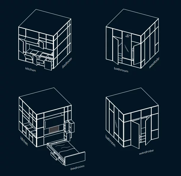 Cubitat comes equipped with a kitchen, bedroom, entertaining area, bathroom, laundry and storage space