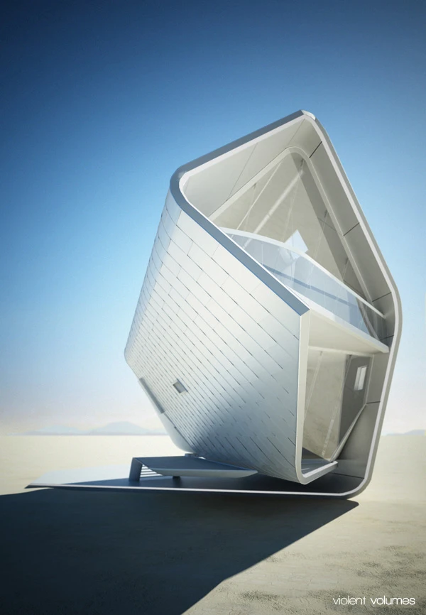 Designer Christopher Daniel has conceptualized plans for this prefabricated house, which morphs and adapts according to its environment (image from Violent Volumes)