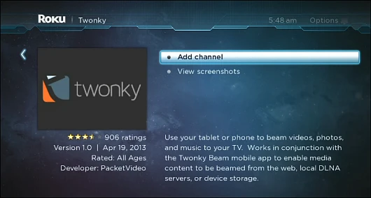 Search for the Twonky channel via the Roku store