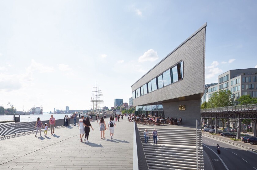 The Niederhafen River Promenade's cantilevering restaurant is three stories tall