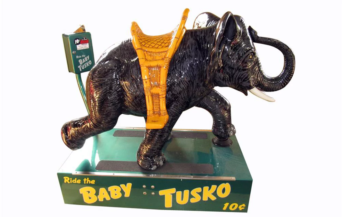 The kiddie ride was invented during the Great Depression by James Otto Hahs of Missouri and was conceived as a Christmas present for his children. He soon realized the commercial potential of his invention as a coin-operated amusement ride for children and Kiddie Rides grew in popularity to the point where they were inside every supermarket, arcade and mall. In 1953, Billboard magazine called kiddie rides, "1953's fastest growing business". From that same year 1953, comes this fully-restored coin-operated "Baby Tusko" Kiddie Ride, which sold for $5,175 at Barrett-Jackson's Scottsdale 2018 auction.