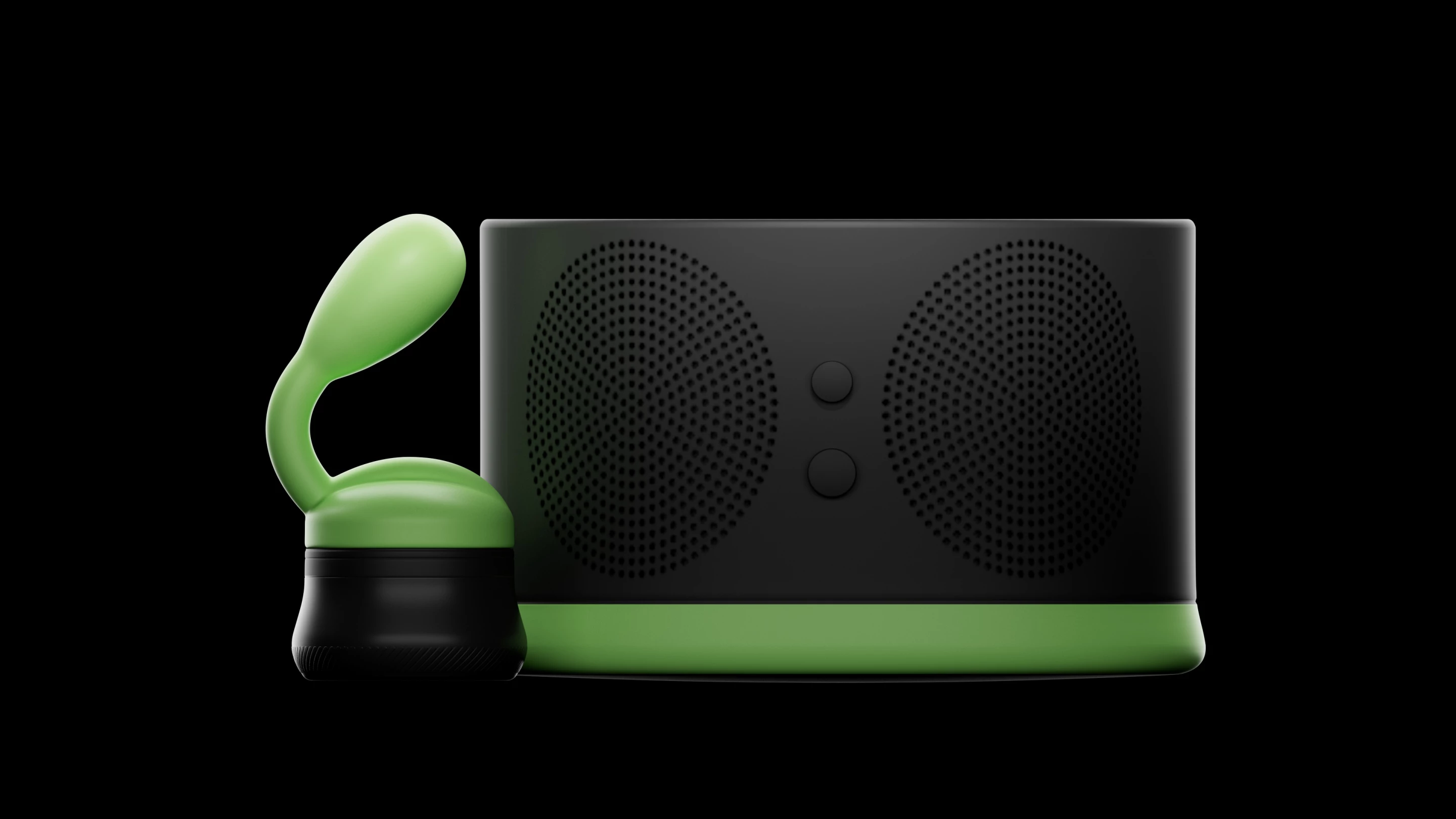 The Groove Thing system includes a wireless speaker and a resonator with swappable vibrator attachments