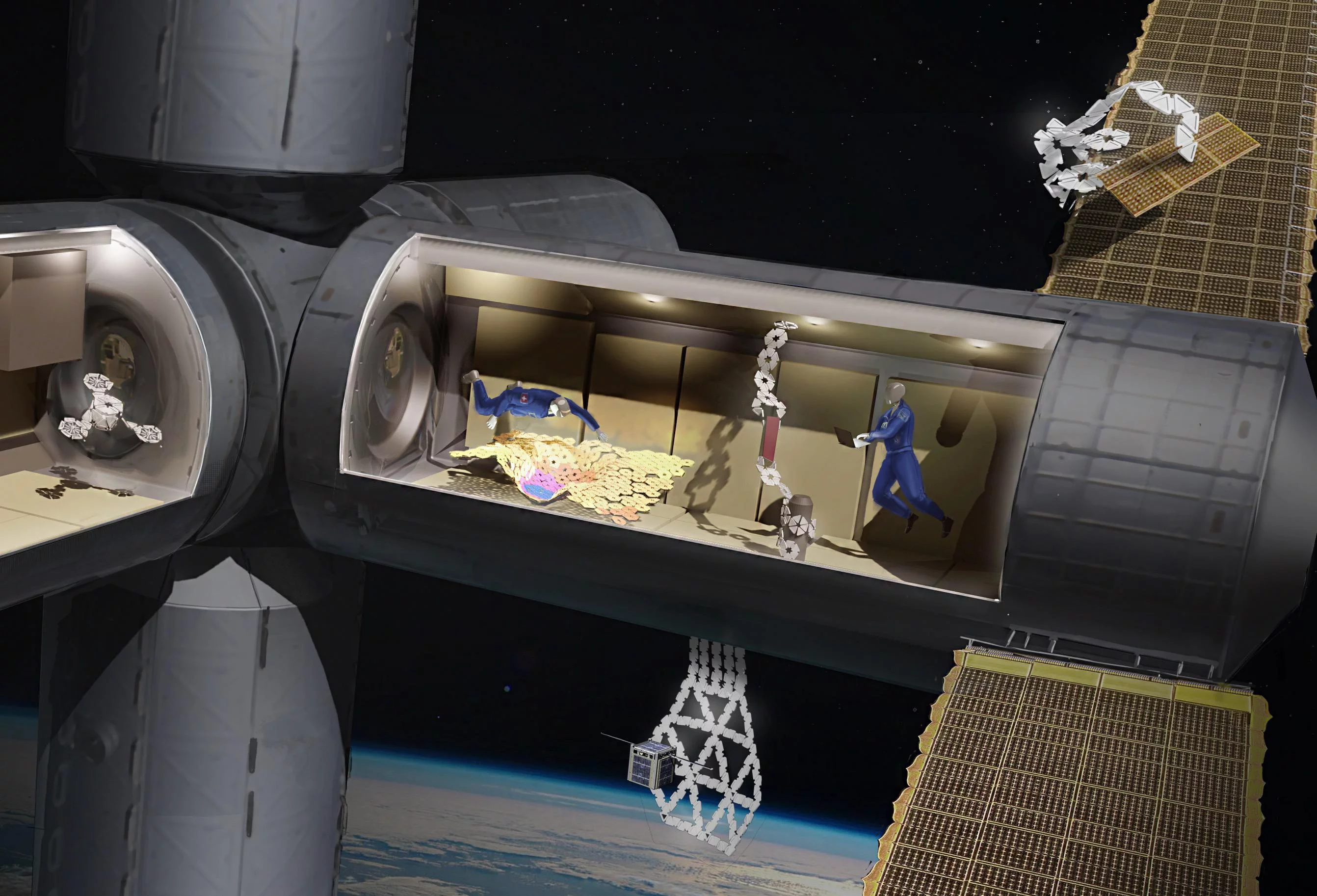 A depiction of Mori3 robots being utilized both within and on the outside of a space station