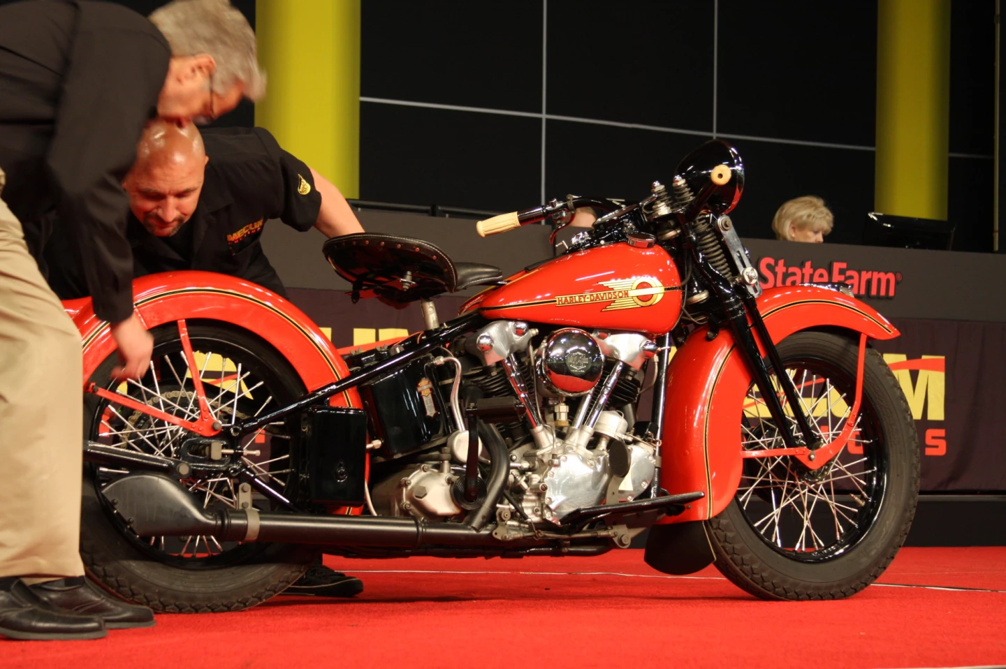 One of the gems of the E.J. Cole collection this 1937 Harley-Davidson Knucklehead is beautifully restored and improved "in period" with a strengthened frame. The first year of the completely enclosed rocker arms made one of the most beautiful motors ever to grace a Harley-Davidson. It fetched $93,500.