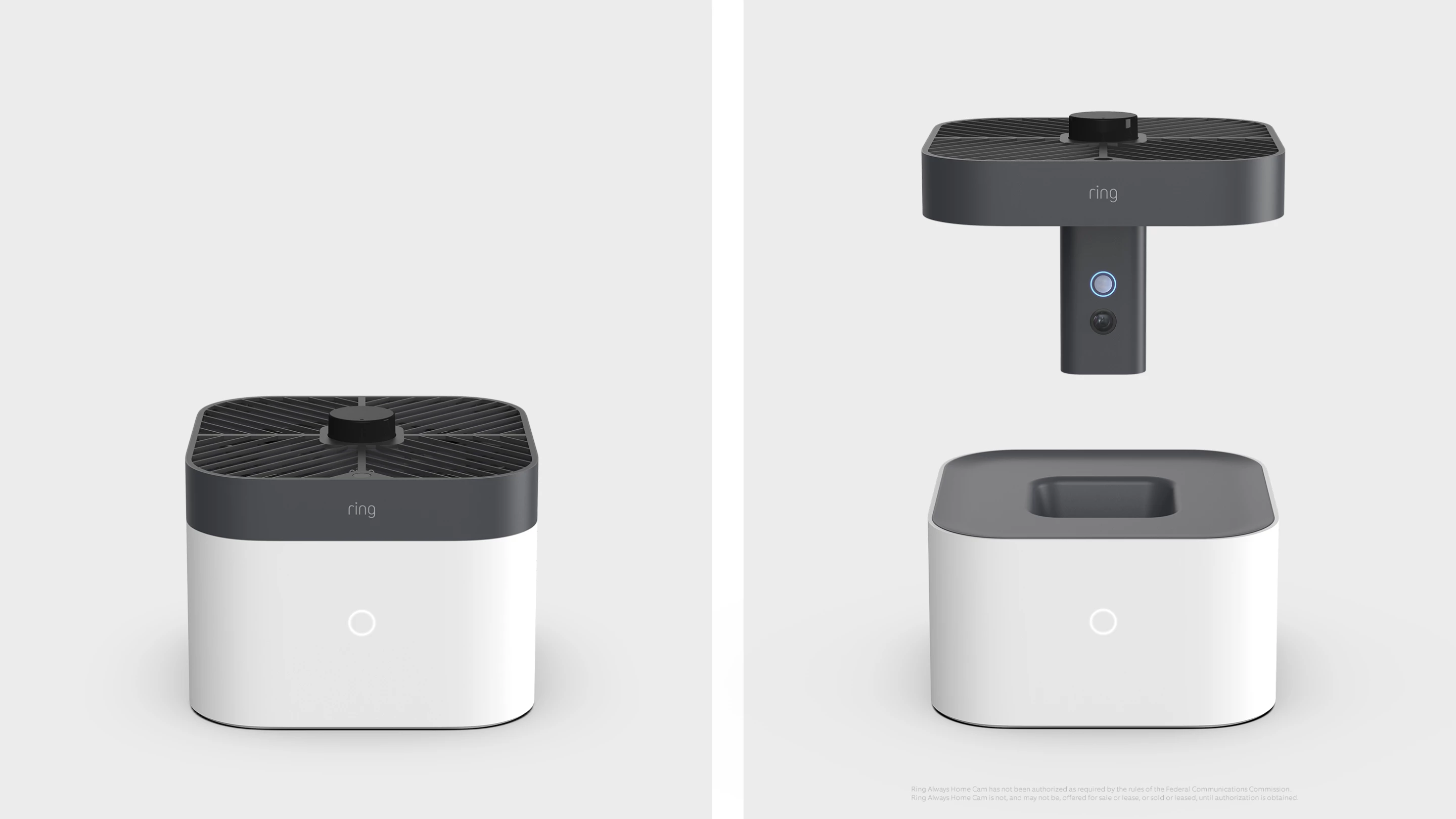 The Ring Always Home Cam in its dock (left) and taking off (right)