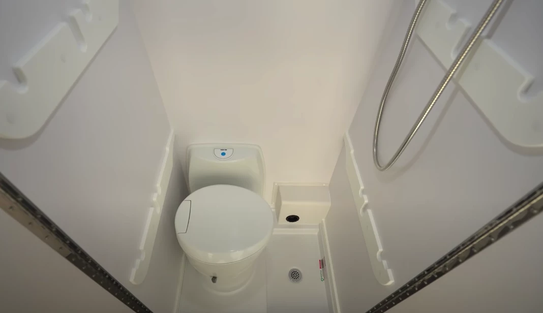 A look inside the double-door wet bathroom